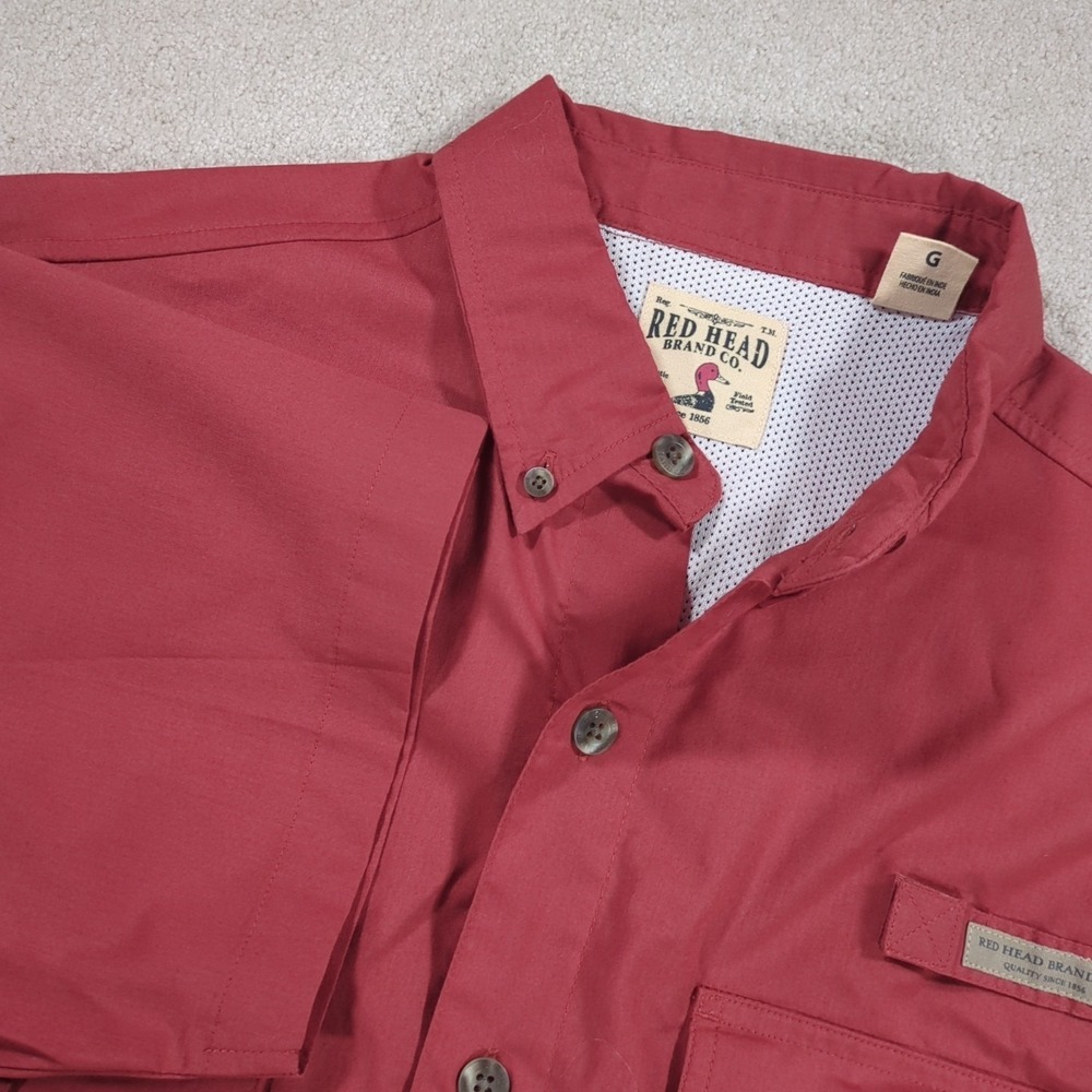 Red Head Fishing Shirt Mens Large Short Sleeve Vented Red Tackle Pockets